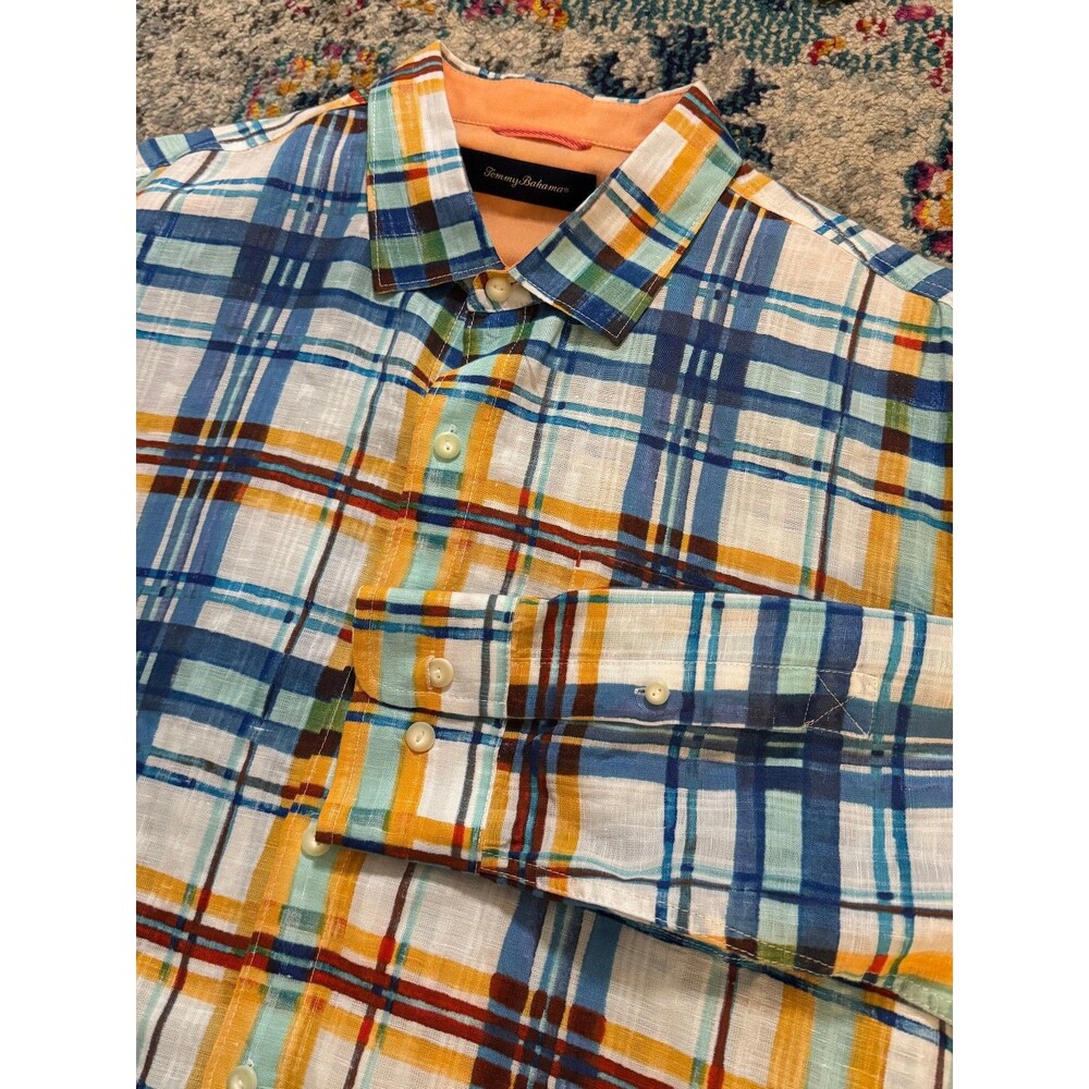 Tommy Bahama Men's Colorful Plaid Skills Long Sleeve Button Down Linen Shirt XL